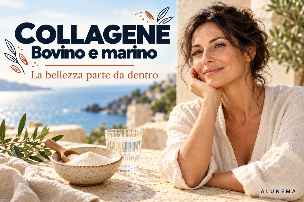 Collagene bovino e marino: donna su una terrazza mediterranea con una ciotola di collagene in polvere.